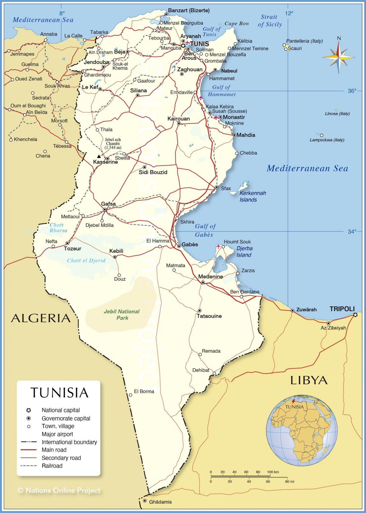 Mapa del país Túnez